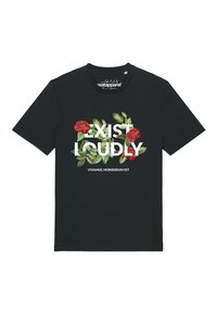 Schwarzes Baumwoll-T-Shirt mit floralem Design aus roten Rosen und grünen Blättern. Text lautet „EXIST LOUDLY“ und „VIVAMUS, MORIENDUM EST“ in Weiß.
