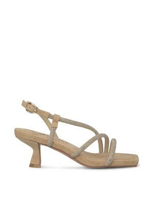 Sandalo con tacco alto beige dal design a strisce, con decorazioni scintillanti e tacco a blocco. La texture in suede aumenta l'eleganza.