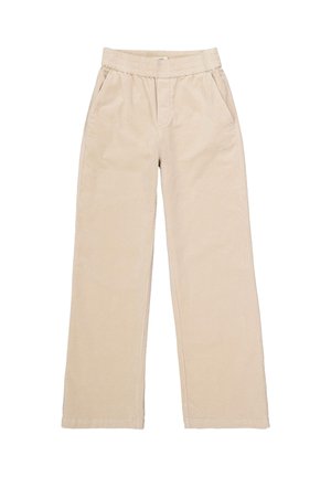 Pantalones de pana beige de pierna ancha con cintura elástica y bolsillos laterales, desplegados sobre un fondo blanco.