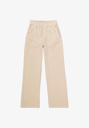 Beige brede corduroy broek met een elastische tailleband en zijzakken, plat gelegd op een witte achtergrond.