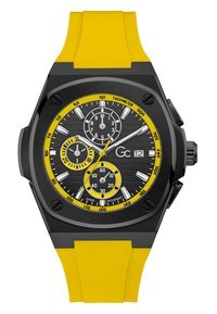 Montre chronographe noire avec des accents jaunes. Comprend un cadran noir texturé, trois sous-cadrans, un boîtier en acier inoxydable et un bracelet en silicone jaune.