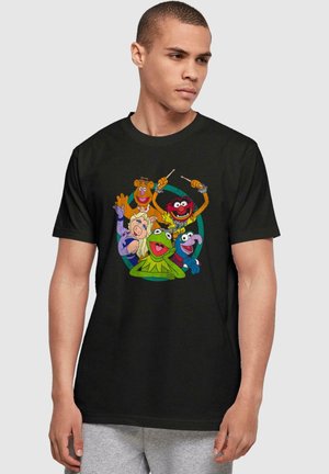 Black t-shirt featuring colorful cartoon characters, including Kermit and Animal, depicted in a playful design with vibrant details.
