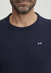 Mornarsko modra pletena pulover z okroglim izrezom in rebrastimi robovi, ki ima na prsih majhen horizontalen logotip v rdeči, beli in modri barvi.