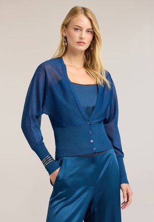 Blondine die een doorschijnend blauw gebreid vest met knopen draagt over een blauwe satijnen top en broek, met gouden oorbellen en armbanden, staande met één hand in de zak.