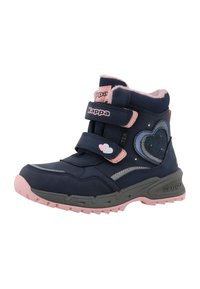 Bottes montantes navy avec des accents roses et un motif en forme de cœur. Fabriquées en matériau synthétique, elles sont dotées de bandes Velcro et d'une semelle en caoutchouc durable.