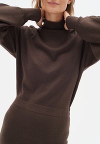 Maglione marrone a maglia con colletto alto, maniche lunghe e vita aderente. Tessuto liscio con dettagli a coste sui polsini e sul colletto.