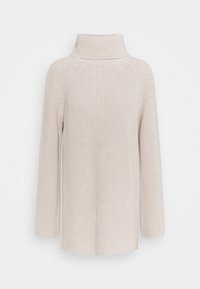 Pull en maille beige avec un col haut côtelé, des manches raglan longues et des fentes latérales à l'ourlet, présentant un motif texturé sur toute la surface.