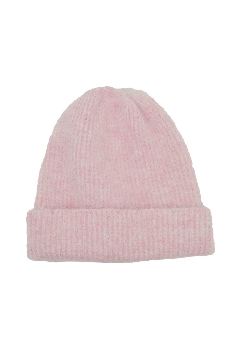 Berretto a maglia rosa con risvolto, realizzato in un morbido tessuto testurizzato e con un motivo a coste. Adatto per il clima freddo.