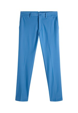 Pantalon bleu à jambes droites avec passants de ceinture, poches latérales et fermeture avant par bouton, présenté sur fond blanc.