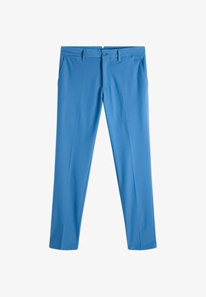 Pantalon bleu à jambes droites avec passants de ceinture, poches latérales et fermeture avant par bouton, présenté sur fond blanc.