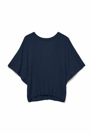 Marinblå ribbad stickad topp med korta ärmar, vid passform och rundad halsringning. Texturen i tyget skapar vertikala linjer och en mjuk drapering.