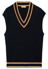 Schwarze ärmellose Strickweste mit tiefem V-Ausschnitt, die kontrastierende gelbe und weiße Streifen am Ausschnitt und Saum aufweist. Rippstruktur.