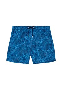 Niebieskie spodenki kąpielowe z wzorami rafy koralowej w ciemnoniebieskim i jasnoniebieskim kolorze oraz czarnym ściągaczem z oczkami i metalowymi końcówkami.