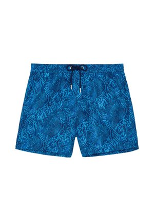 Bañador azul con patrones de arrecife de coral en azul oscuro y azul claro, cintura con cordón negro y ojales y puntas metálicas.