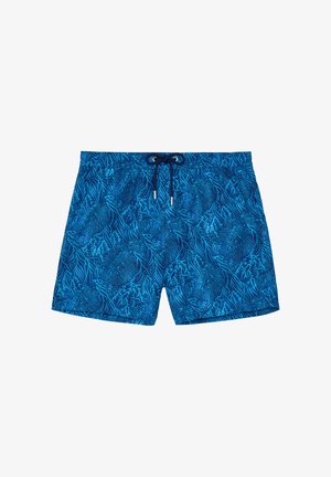 Blaue Badeshorts mit dunkelblauen und hellblauen Korallenriffmustern sowie einem schwarzen Taillenbund mit Kordelzug und Metallösen und -enden.