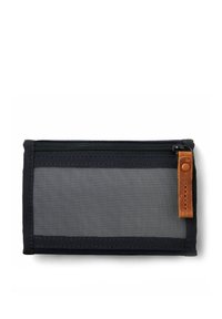Schwarze und graue Stoffbrieftasche mit Reißverschluss, ausgestattet mit einem braunen Lederelement und einer strukturierten Oberfläche. Kompaktes und rechteckiges Design.
