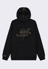 Sort zip-up hættetrøje lavet af blødt stof, med et stort gråt logo og stjernedesign. Inkluderer sidelommer og ribbede cuffs.