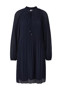 Navyblaue Faltenkleid mit langen Ärmeln, hohem Ausschnitt und Bindebändern. Der Stoff hat eine leichte, fließende Textur mit einem Saum unterhalb des Knies.