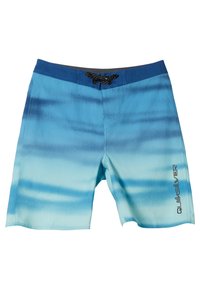 Modré gradientové plavecké šortky s viazaným pásom, s čiernym logom na pravej nohe a hladkým, textúrovaným materiálom.