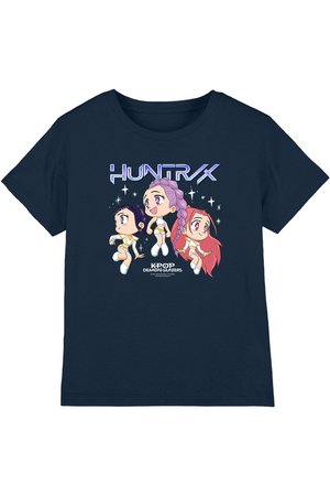 Navy shirt with three animated characters in white outfits, purple and red hair, stars around them, and text "HUNTR/X" and "KPOP DEMON HUNTERS."