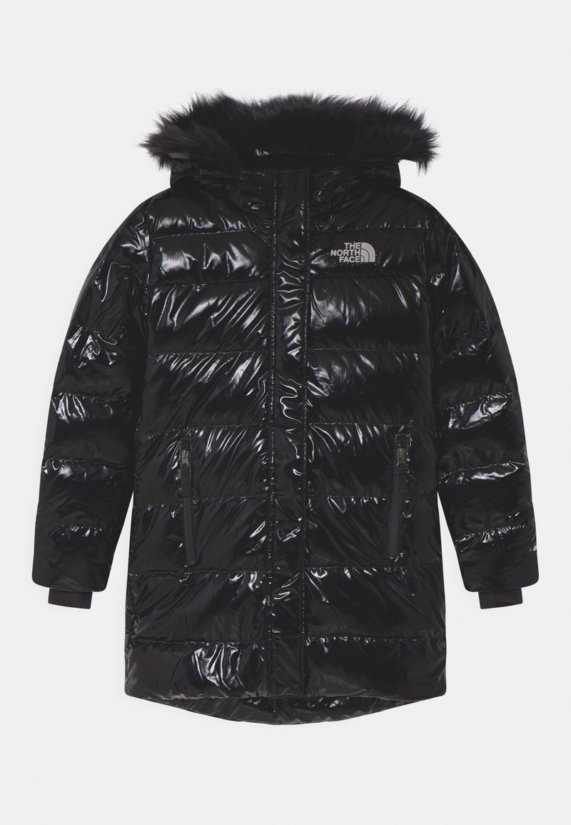 Black puffer jacket with a shiny, quilted design, featuring a fur-lined hood, side zippers, and logo accents on the chest.