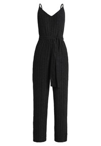 Černý žebrovaný overal s tenkými ramínky, výstřihem do V, cryptotexilkovým páskem v pase a širokými nohavicemi. Vyroben z texturované, lehké látky.