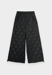 Mustad tikitud laiade säärtega püksid, millel on elastne vöökoht, lukuga küljetaskud ja reguleeritavad nöörid sääre ääres.