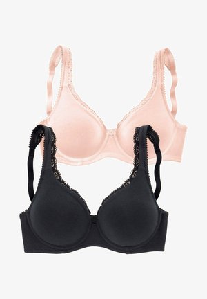 Zwei BHs: einer in hellem Rosa und einer in Schwarz. Beide besitzen glattes Material mit Spitzenbesatz an den Rändern und verstellbaren Trägern.
