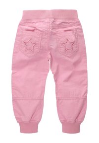 Różowe dresowe spodnie z bawełny z prążkowanym pasem, elastycznymi mankietami i dwiema tylnymi kieszeniami z haftowanym wzorem gwiazdy.