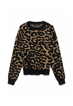 Maglione a maglia con stampa leopardata nera e marrone, maniche lunghe e polsini, scollatura e orlo a coste.
