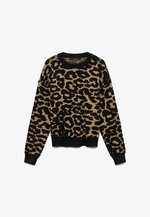 Black and brown leopard print knit sweater with long sleeves and ribbed cuffs, neckline, and hem.