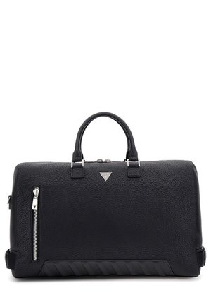 Schwarze Ledertasche mit einer strukturierten Oberfläche, ausgestattet mit einer Reißverschlusstasche, zwei Griffen und einem unteren Akzent mit Chevron-Muster.