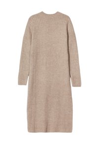 Robe en tricot côtelé longue, de couleur beige clair. Elle possède des manches longues et un col rond. Texture douce idéale pour le superposition.