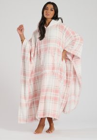 Blanket con cappuccio oversized in morbido materiale in pelliccia sintetica. Motivo a quadri rosa e bianco con grande tasca frontale e maniche ampie. Accogliente e caldo.