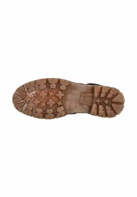 Brown rubber outsole with deep treads and uneven patterns, designed for traction. Flat design and sturdy construction provide durability.