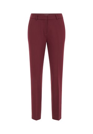 Burgundské kalhoty s upraveným designem, s plochým předním dílem, slim fit, středně vysokým pasem a bez viditelných kapes. Hladká textura.