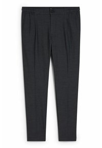 Ciemnoszare spodnie z elastycznym pasem, zapięciem na pojedynczy guzik, dwoma przednimi kieszeniami, zwężanym krojem nogawek i subtelnym wzorem tekstury.