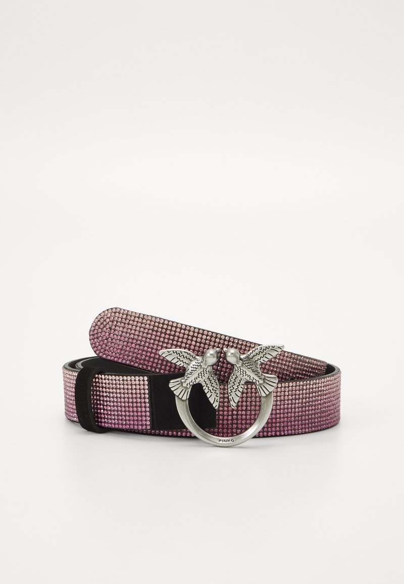 Ceinture ornée de strass violet-rose avec une boucle argentée présentant deux figures d'oiseaux détaillées se faisant face.
