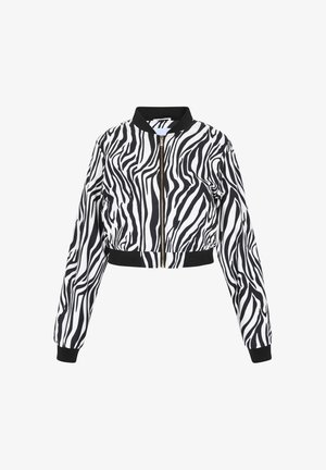 Giacca bomber cropped con motivo a strisce zebra in bianco e nero, polsini e orlo elasticizzati, e una zip dorata frontale. Tessuto dalla texture liscia.