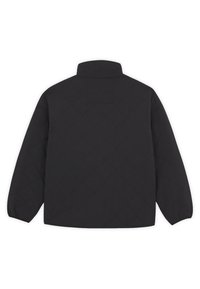 Quiltad svart jacka med hög krage, långa ärmar och elastiska muddar. Slät yta med ett geometriskt mönster över tyget.