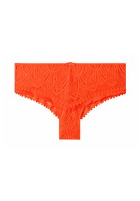 String en dentelle orange avec motif floral, bords festonnés et design découpé à l'arrière, fabriqué en tissu texturé et extensible.