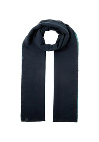 Bufanda de color azul oscuro hecha de material suave, con un borde flecado. Forma rectangular, textura suave y sin patrones visibles ni herrajes.