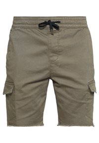 Pánské khaki cargo šortky s elastickým pasem, černou šňůrkou, bočními kapsami a surovým lemem.