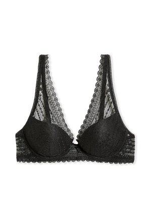 Schwarzer Spitzen-BH mit Polsterung, gewellten Rändern und Bügeln, mit transparenten Spitzen-Trägern und komplexen Blumenmustern.