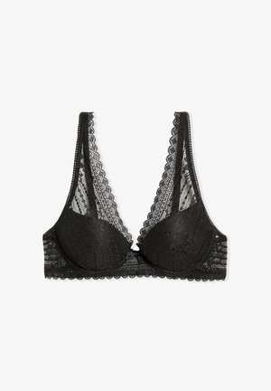 Czarny biustonosz z usztywnieniem, koronkowy, z falistymi krawędziami i fiszbinami, z przezroczystymi koronkowymi ramiączkami oraz misternymi, kwiatowymi wzorami.