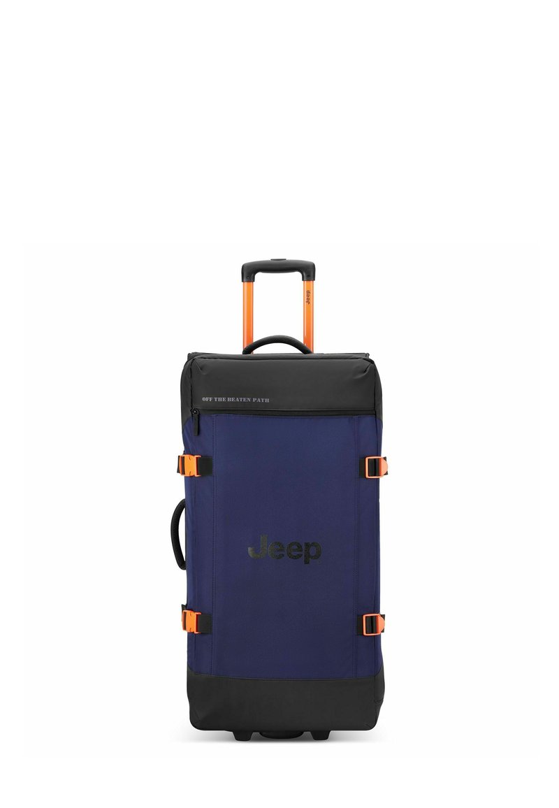 Valigia da viaggio blu navale con dettagli arancioni, fondo nero, manico estensibile, svariate cinghie e un logo frontale con la scritta "Jeep."
