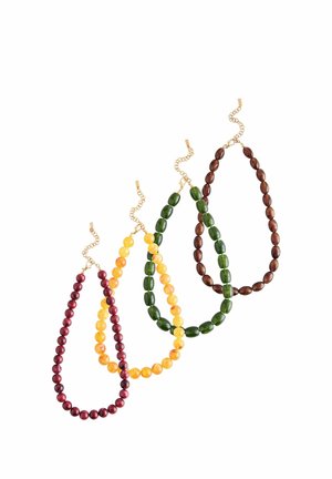 Four necklaces with bead designs; colors include burgundy, yellow, green, and brown. Each has a gold clasp and chain detail.