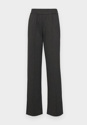 Zwarte rechte broek met een elastische tailleband, een plooi aan de voorkant, zacht materiaal en geen zichtbare patronen of hardwaredetails.