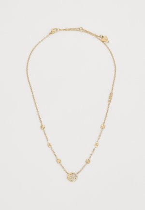 Guldkæde med blomsterlinks og en cirkulær vedhæng med intrikate detaljer. Justerbar længde med lukning med lås.