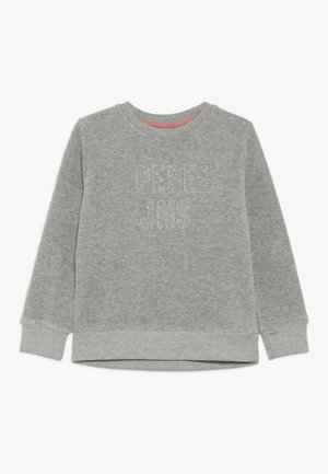 Light grey long-sleeve crewneck sweatshirt with ribbed cuffs and hem, featuring glittery "PEPE JEANS" text on the front.